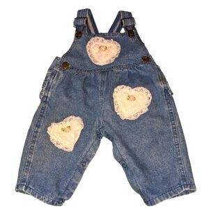 Hopscotch vintage denim overalls with embroidered heart lace patches size 6-9‎